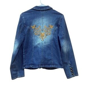 90's Western Studded Stretch Blue Floral Embroidered Denim Jacket SZ Medium
